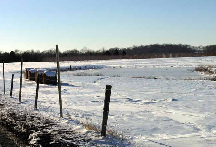 Pond 3 is iced over and covered with snow