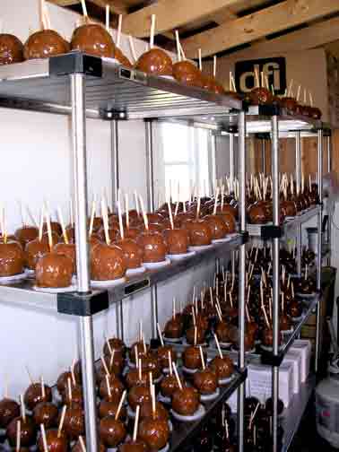 racks of caramel apples